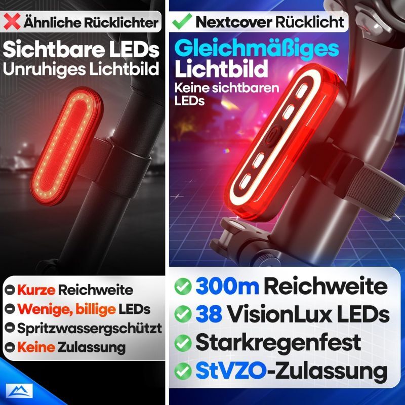 Nextcover Feu arrière pour vélo - LED - Feu de freinage - USB - Batterie 8U - Noir