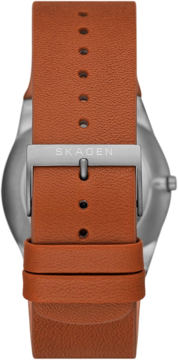 Skagen Melbye Titanium 40 mm - Boîtier gris en titane - Cadran bleu - Bracelet en cuir marron