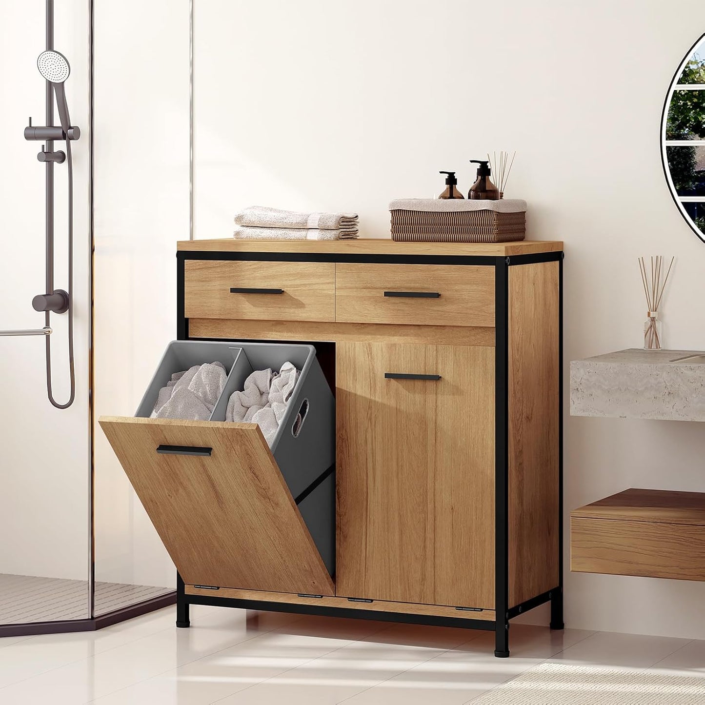 Armoire de toilette Eugad avec panier à linge et 2 tiroirs - Chêne clair et noir - 72,5 x 34 x 80 cm