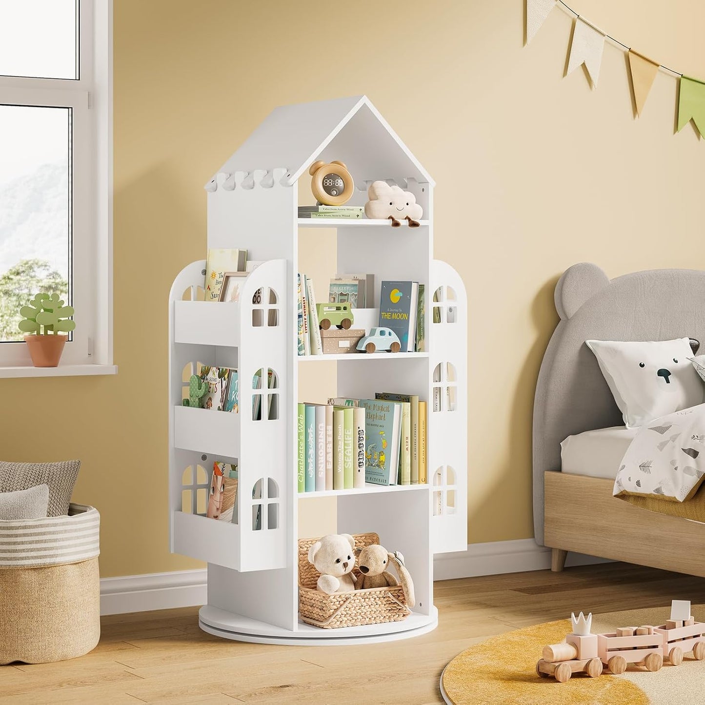 Woltu Revolving Children's Bookcase White 63x59x125 cm - Meuble de rangement Montessori à 4 niveaux et compartiments latéraux