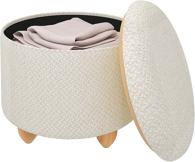 WOLTU pouf de rangement - pouf rond avec couvercle - lin crème blanc - 39 x 33 cm - pieds en bois