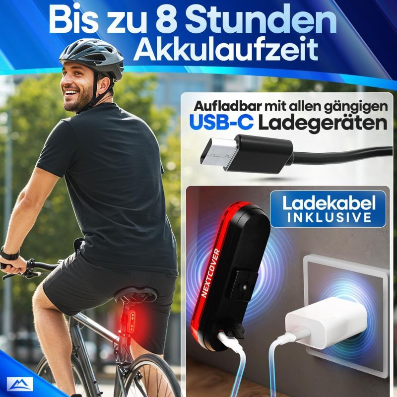 Nextcover Feu arrière pour vélo - LED - Feu de freinage - USB - Batterie 8U - Noir