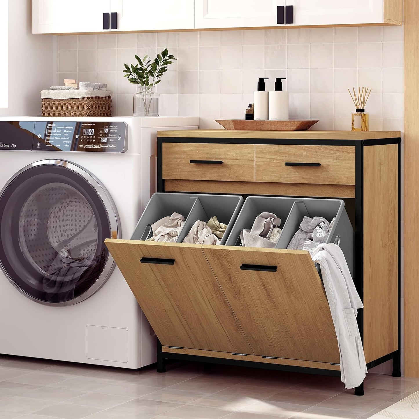 Armoire de toilette Eugad avec panier à linge et 2 tiroirs - Chêne clair et noir - 72,5 x 34 x 80 cm