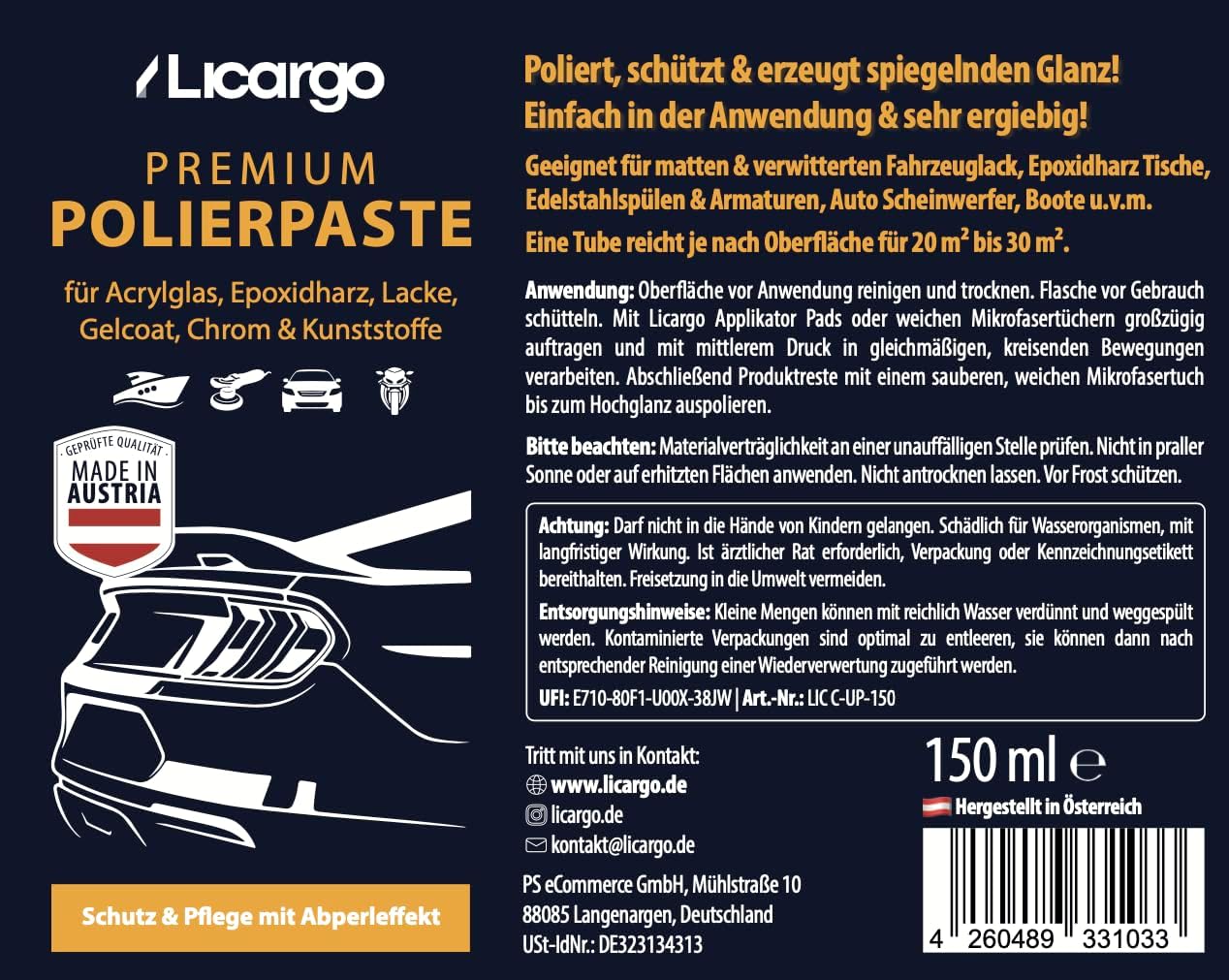 Licargo Universal Polishing Paste 150 ml - Polissage fin pour le verre acrylique, la résine époxy, la laque, le gelcoat, le chrome et le plastique - Enlève les micro-rayures et restaure la haute brillance