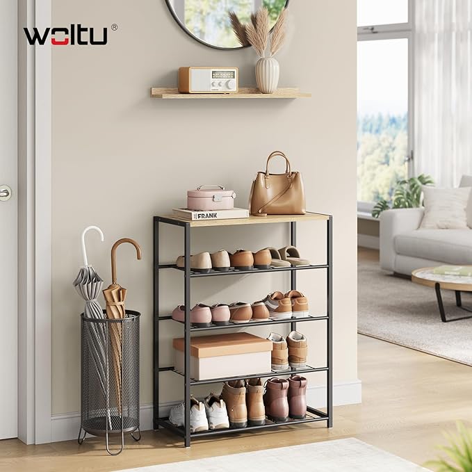 WOLTU Organizer shoe rack - 4 niveaux - chêne clair et noir - 63 x 83 x 30 cm