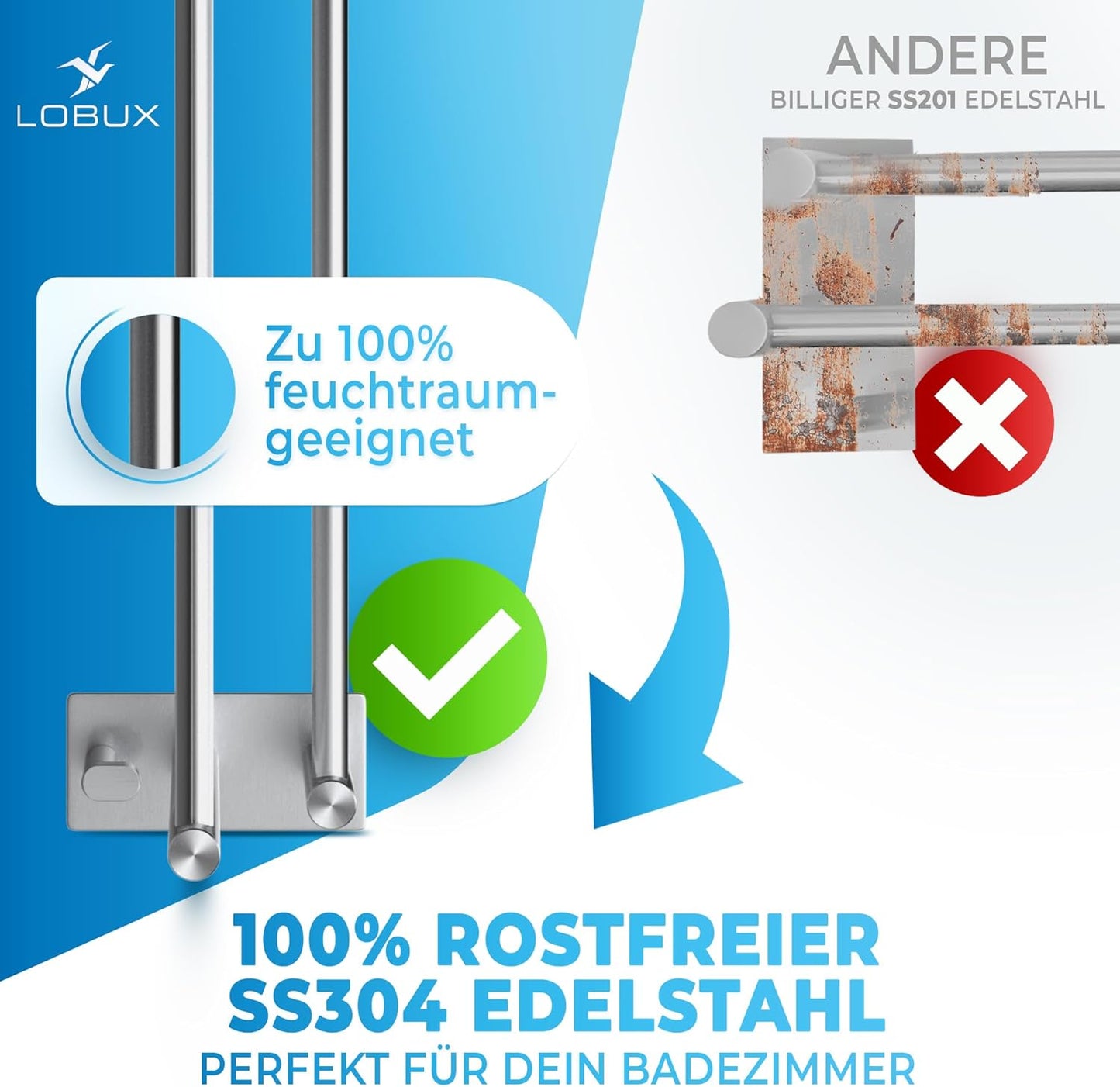 LOBUX® - Porte-serviettes sans perçage - 60cm, acier inoxydable - Porte-serviettes salle de bain double, auto-adhésif - Porte-serviettes avec 2 crochets pour serviettes - pour salle de bain, paroi de douche, cuisine