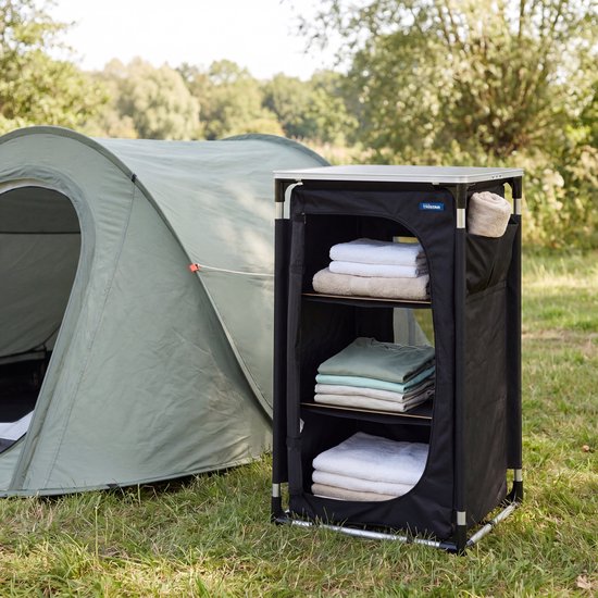 Armoire de camping pliable Tristar – Structure en aluminium – 3 étagères – Pieds réglables – Poches latérales – Sac de transport inclus – Noir - CU-0809