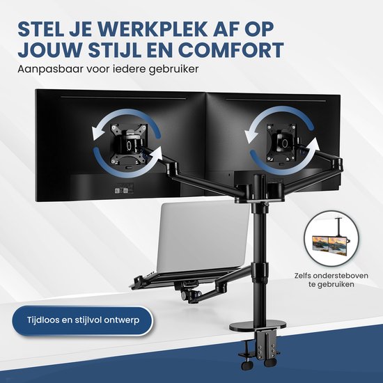 TTD® Bras pour moniteur 2 écrans et ordinateur portable - Bras pour moniteur 3 écrans - Bras pour moniteur 2 écrans et 1 ordinateur portable - Entièrement rotatif et réglable en hauteur - 9 kg par bras - Support pour moniteur - Noir - Aluminium - Support
