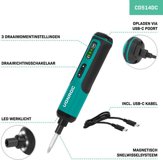VONROC Tournevis électrique 4V - Jeu d'embouts 15 pièces et câble USB-C inclus
