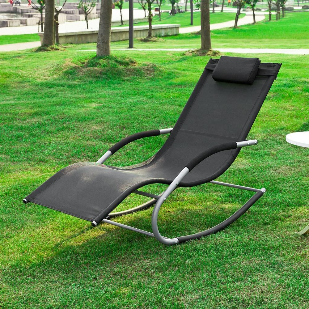 Chaise longue à bascule SoBuy - Avec coussin - Cadre métal - Résistante aux intempéries - Capacité 120 kg - Max. 150 kg - Noir