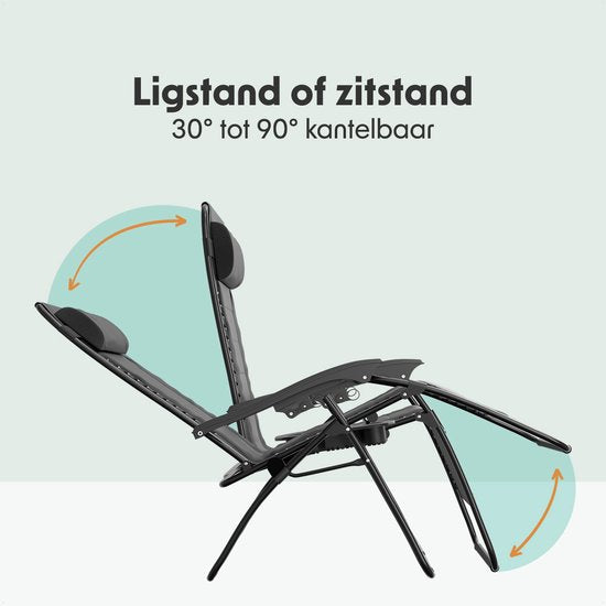 LifeGoods Lounger Comfort - pliable - réglable de 30° à 90° - support pour gobelets et téléphone - chaise de jardin - noir