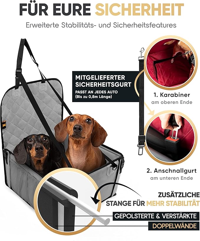 HELDENWERK Siège auto pour chien, très robuste, parois renforcées, 5 sangles, siège auto pour chien étanche pour siège arrière et avant, gris, taille standard