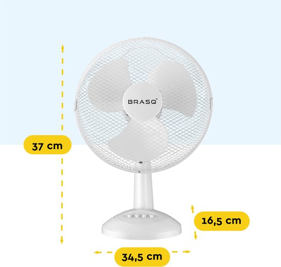 BRASQ Ventilateur de table - 30 cm - Blanc - 3 vitesses - Ventilateur de table - 40 watts