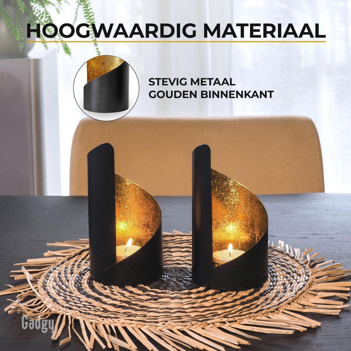 Gadgy Porte-lampes Twist - Lot de 2 - 16 x Ø8,5 cm - Porte-lampes - lampe à vent - noir / or - métal