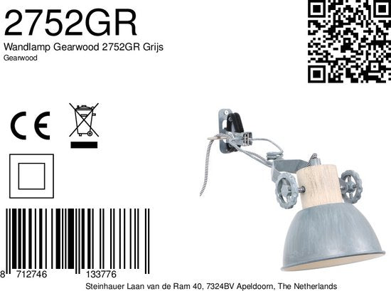 Spot à pince et applique murale Gearwood 2752GR Gris, douille E27 - Bois et métal, design tendance, orientable et inclinable, convient à un usage intérieur - Mexlite