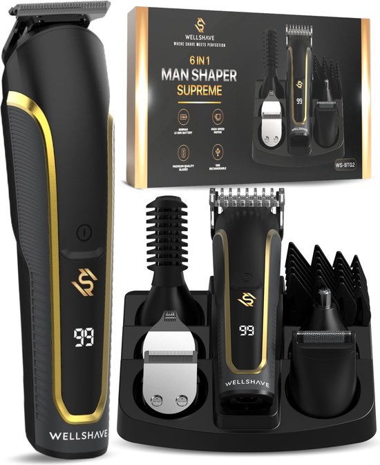 Wellshave 6 in 1 Beard trimmer Supreme - Tondeuse pour la barbe et le corps - Tondeuse pour le nez - Tondeuse pour le corps - IPX7 Waterproof - 6 accessoires inclus