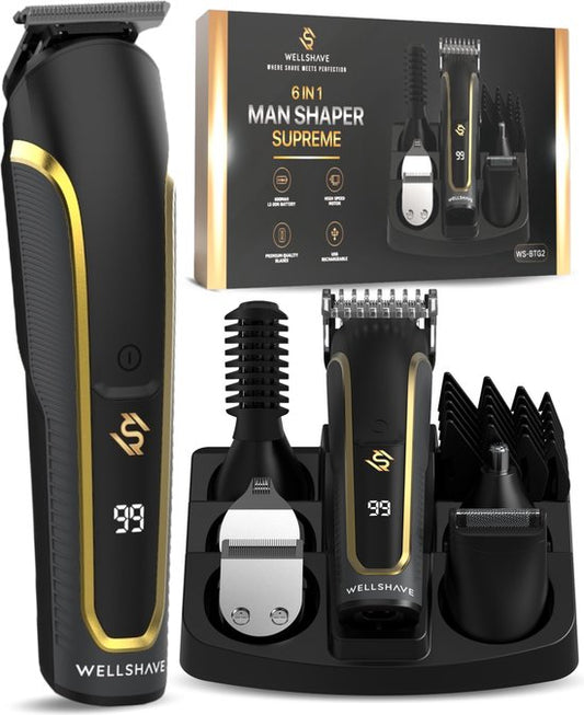 Wellshave 6 in 1 Beard trimmer Supreme - Tondeuse pour la barbe et le corps - Tondeuse pour le nez - Tondeuse pour le corps - IPX7 Waterproof - 6 accessoires inclus