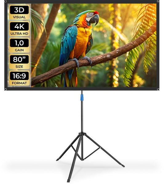 Écran de projection tectake® - 80 pouces - Écran de projection 16:9 avec trépied - 4K HD - Enroulable - Extensible - Toile de projection - Écran de présentation - Sac de transport inclus