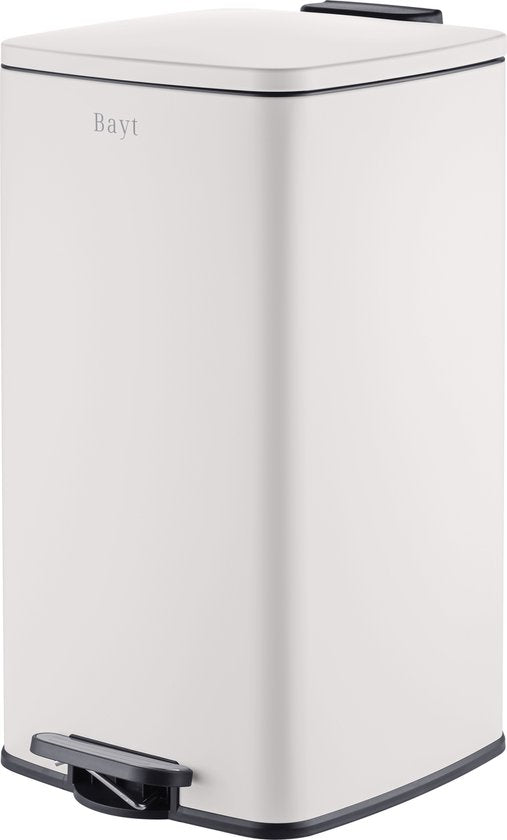 Poubelle Bayt - Poubelle 60 litres - Poubelle à pédale 60 litres - Poubelle 60 litres - Corbeille à déchets - Acier inoxydable - Blanc crème