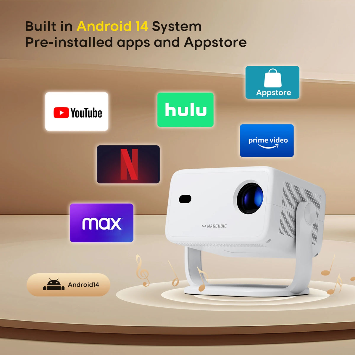 Projecteur intelligent Magcubic L018 4K – Résolution native 1080p – Wi-Fi 6 et Bluetooth 5.4 – 650 ANSI – Mise au point automatique et correction automatique de la distorsion trapézoïdale – 224 x 151 x 173 mm