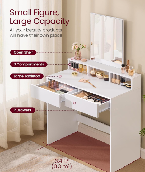 Table de coiffure VASAGLE avec miroir – 2 tiroirs et 3 compartiments – Blanche – 40 x 80 x 140 cm