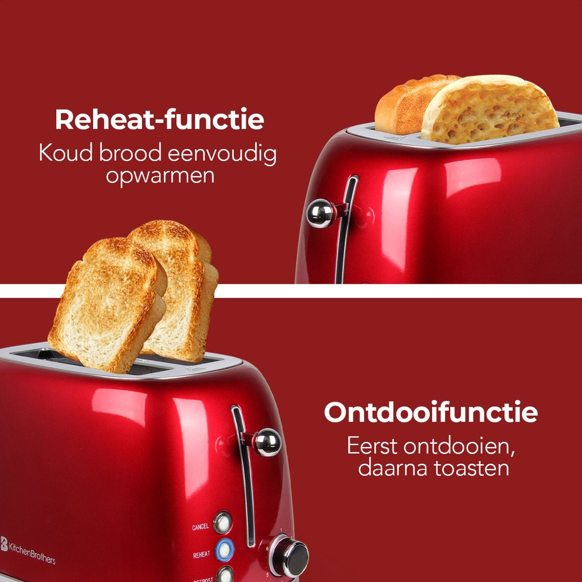 KitchenBrothers Grille-pain rétro - 6 niveaux de chaleur - 2 fentes extra-larges - 1630W - Fonction de réchauffage et de décongélation - Rouge