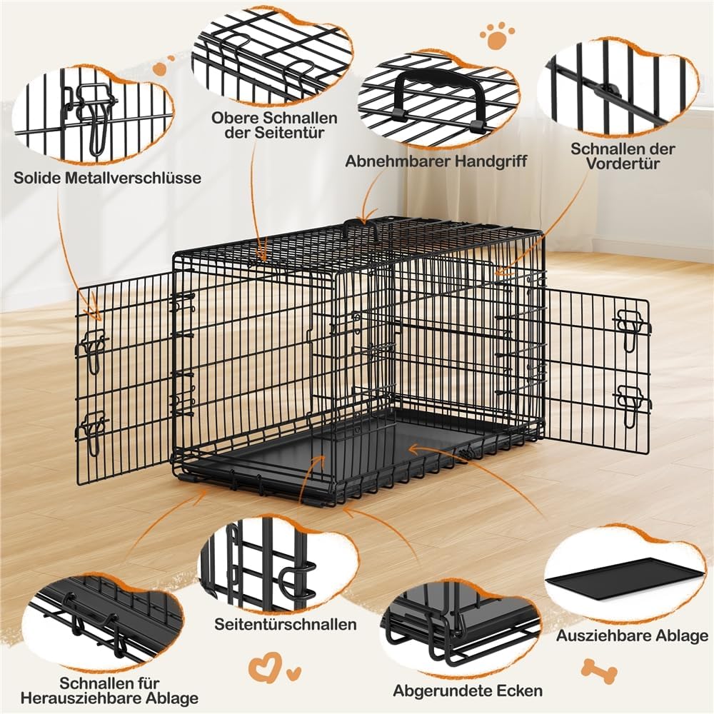Cage pliable pour chien Yaheetech XL - 107 x 66 x 74,5 cm - 2 portes avec cloison de séparation et fond amovible - Noir