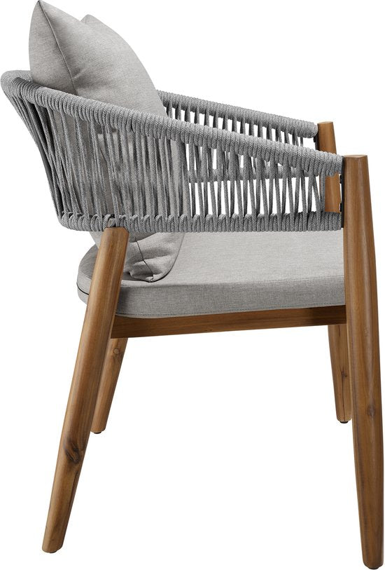tectake® Lot de 2 chaises de jardin Manacor - Chaise de jardin en forme de corde - Chaise de balcon - Chaise d'extérieur en bois d'acacia verni résistante aux intempéries - Gris/Beige - Chaises de jardin, de balcon, de terrasse