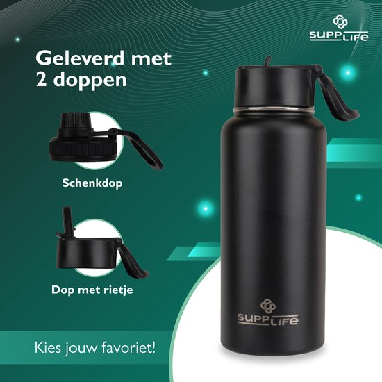 Supplife Luxe : bouteille isotherme / gourde en acier inoxydable - 1 litre - Sans BPA et étanche - Bouteille d'eau avec paille - Isolation à double paroi - Tasse isotherme - Bouchon verseur et bouchon avec paille - Brosse de nettoyage incluse - Noir