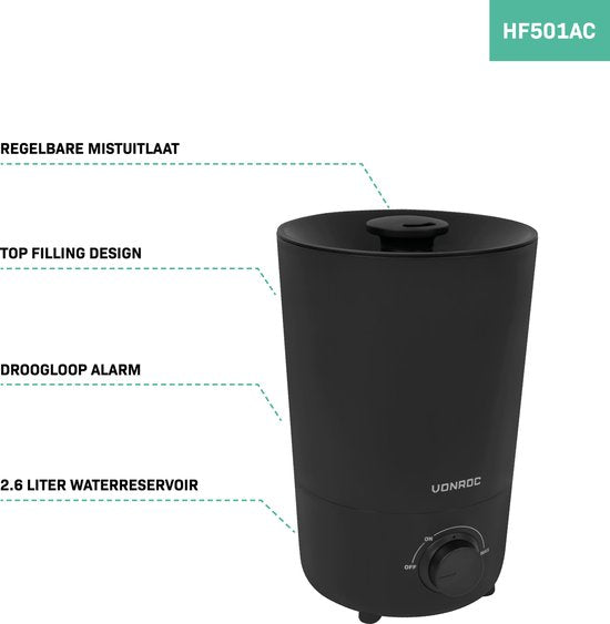 VONROC Humidificateur 2,6 litres - ultrasonique - sortie de brume 360° - noir