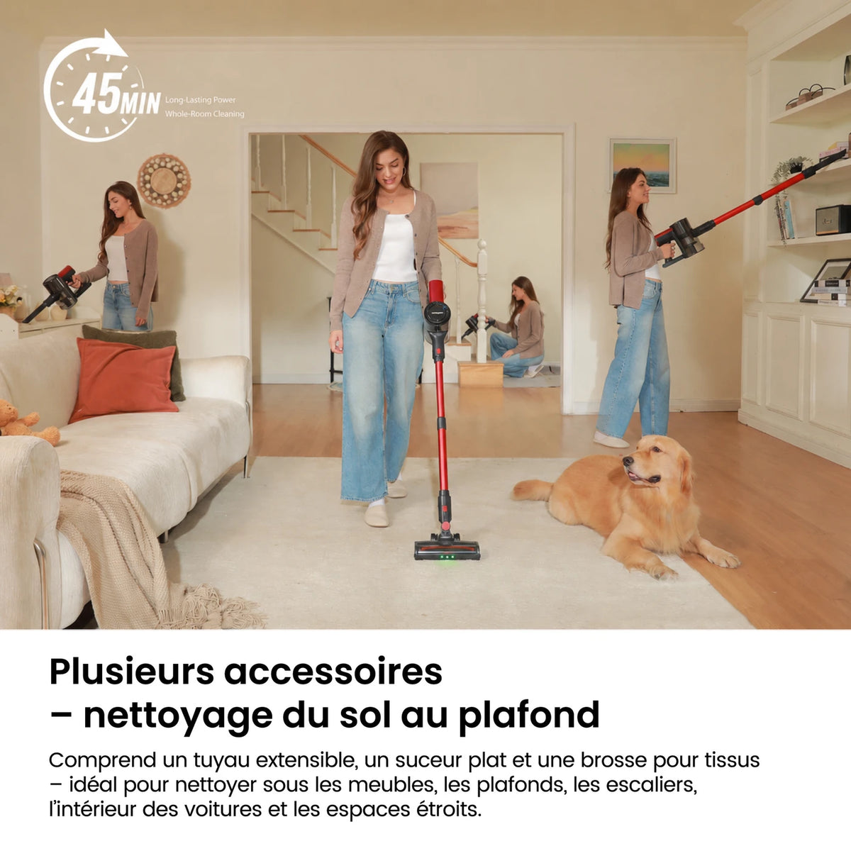Aspirateur sans fil MonsgaClean M100 - Rouge - 55 000 Pa - 45 min - 1,8 L - Écran tactile - Anti-enchevêtrement - LED verte
