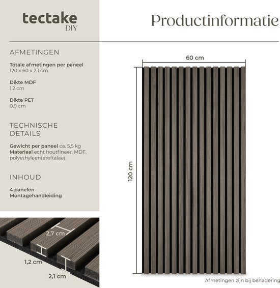 Panneaux acoustiques tectake® - Lot de 4 - Panneau mural acoustique - 50 x 110 cm - 2,2 m² - Panneaux muraux aux dimensions ajustables - Panneau à lattes en MDF et placage de bois - Isolation acoustique - Décoration murale élégante - Montage facile - Gris