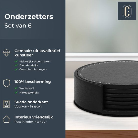 Castagnola Sous-verres en cuir synthétique - Sous-verres pour verres - Sous-verres design avec support - Sous-verres en cuir - Cuir - Lot de 6 - Noir avec surpiqûres