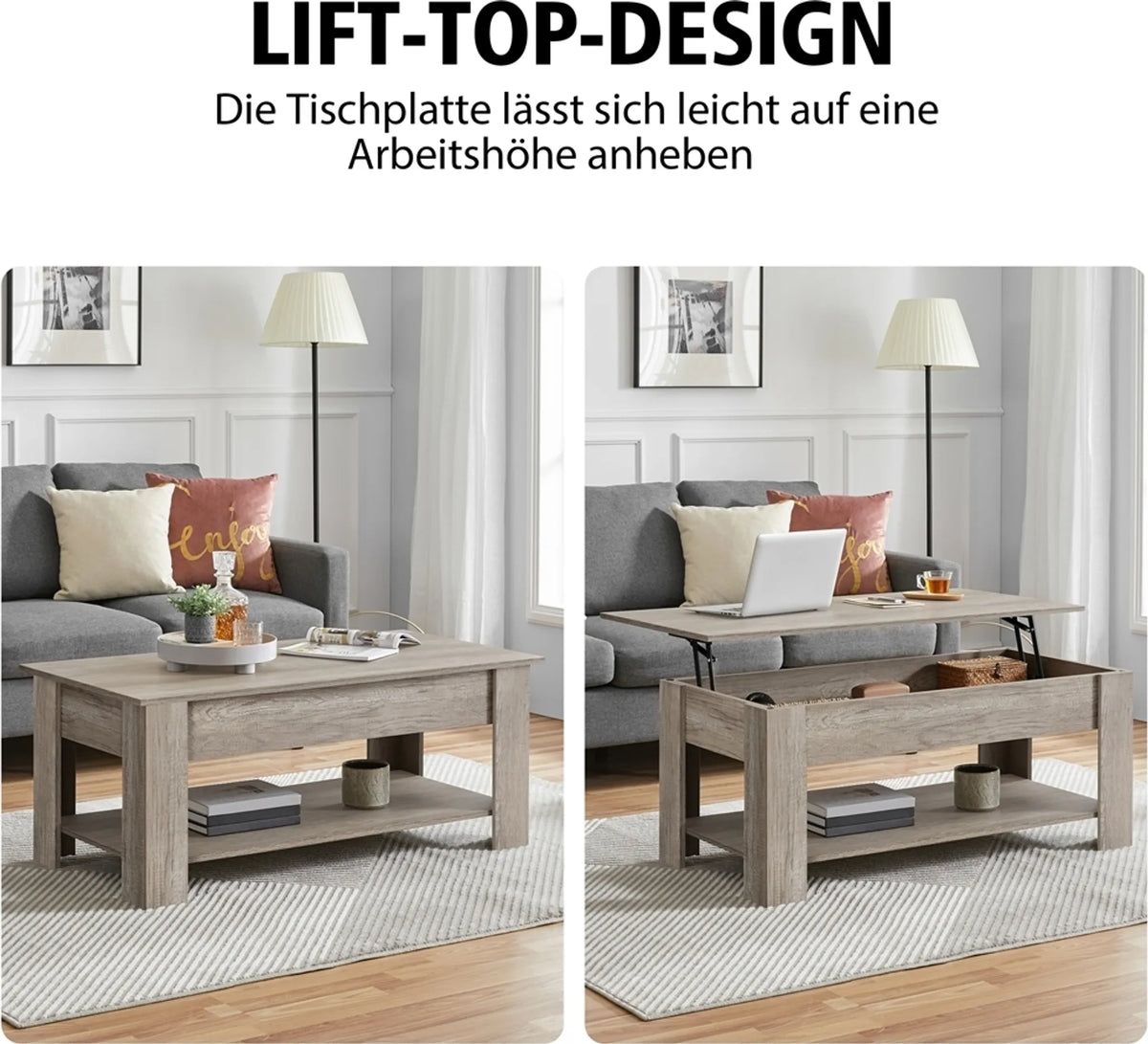 Yaheetech Table Basse avec Fonction Lift-Top - Avec Rangement Caché, Etagère Inférieure Réglable et Mécanisme à Ressort - Pour Salon et Bureau - Mdf Gris et Métal - 120 x 59 x 49.5-63.5 cm