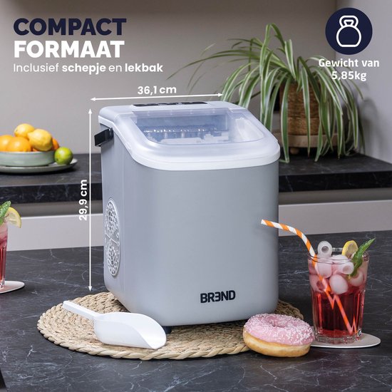 BREND BR-2213 Machine à glaçons avec cuillère et plateau d'égouttage - Grands L ou petits S glaçons - Machine à glaçons portable - 10 kg en 24 heures - Gris