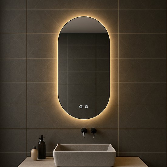 Bayt Miroir de salle de bain - Miroir de salle de bain avec éclairage - Miroir ovale - Miroir mural - 2 niveaux d'éclairage - Anti-buée - 50 x 90 cm