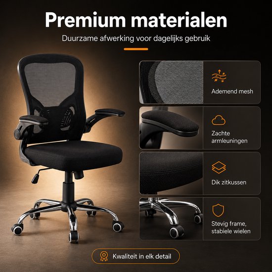 Chaise de bureau ergonomique Infinity Goods - Chaise de bureau - Soutien lombaire 4D et revêtement en maille - Accoudoirs rabattables - Jusqu'à 150 kg - NEN-EN1335 - Noir