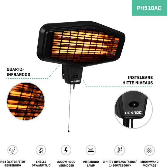 VONROC Chauffage de terrasse atmosphérique - Amiata 2200W - Lampe infrarouge puissante - 3 niveaux de chaleur - Pour montage mural