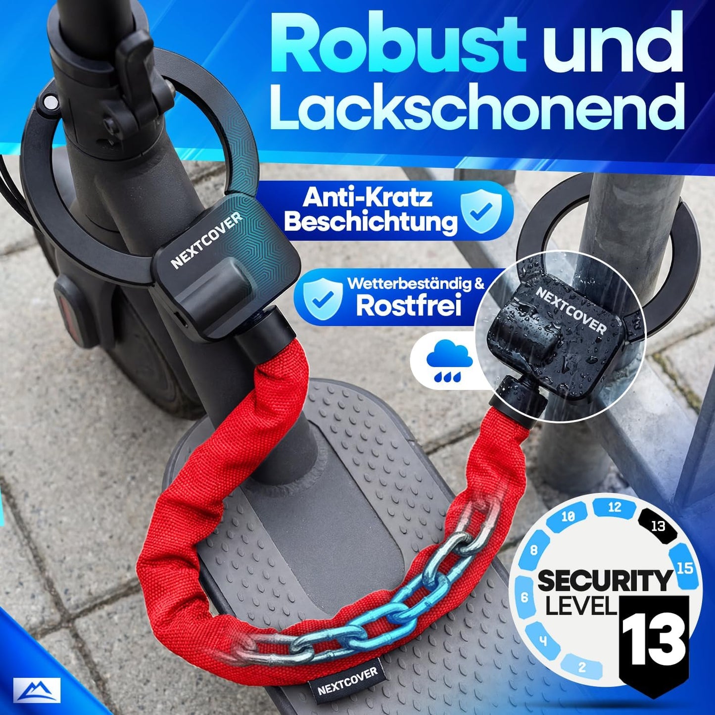 Nextcover Steel-Secure : antivol à chaîne pour trottinette électrique - Rouge - 25 x 13 x 13 cm - Antivol à clé pour vélo électrique et trottinette