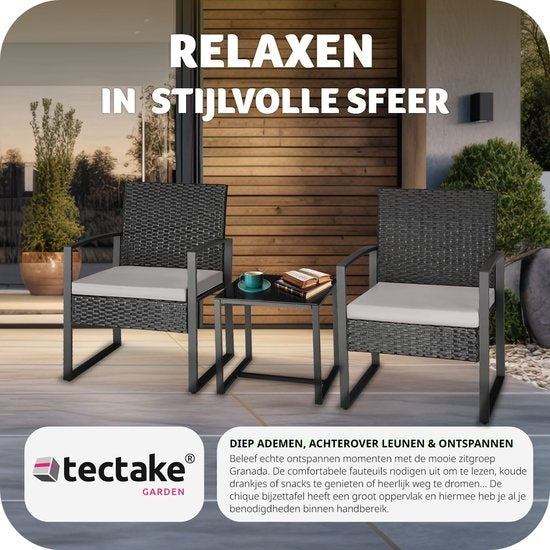 tectake® - ensemble de sièges en osier 2x fauteuils avec table, ensemble de meubles de balcon, meubles de jardin, meubles de balcon, petit salon, chaises rembourrées y compris table de jardin extérieure, résistant aux intempéries - noir - poly-rotin