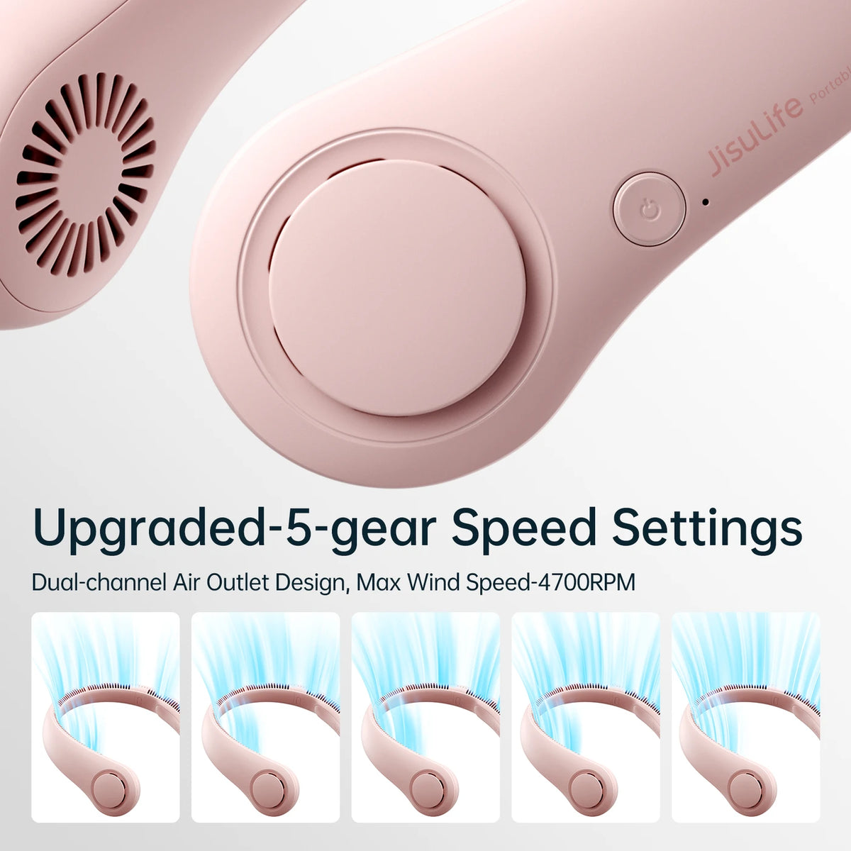 Ventilateur de cou Jisulife Life 3 - Rose - Sans pales - 5 vitesses - 4 000 mAh - Jusqu'à 16 heures - 78 ouvertures d'aération - 253 g