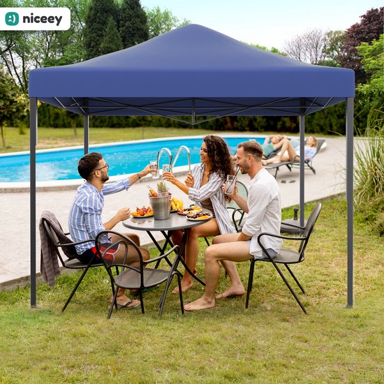 Niceey Party Tent - 3x3m - Pavillon - pliable et imperméable - Tente de réception avec parois latérales - Tente de jardin - Montage facile - Sac de transport à roulettes - Bleu foncé
