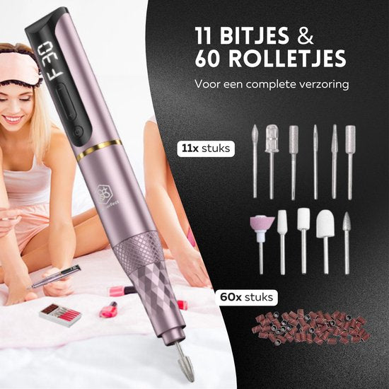 Beeperfect® Lime à ongles électrique sans fil édition Pro - Moulin à ongles - Ensemble manucure et pédicure - Rechargeable - 11 embouts et 60 rouleaux de ponçage - 30 000 tr/min - Rose