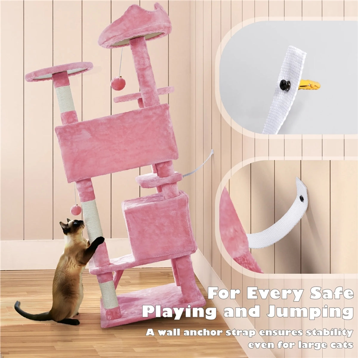 Yaheetech Cat Post avec 3 plateformes d'observation - équipé de 2 paniers pour chats, de poteaux en sisal et d'une balle de jeu avec cloche - pour les foyers avec plusieurs chats - peluche rose et panneau de particules E1 - 49 x 49 x 139 cm