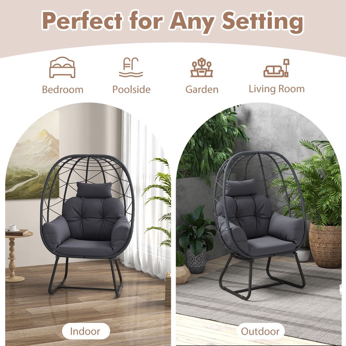 Fauteuil de détente Coast Rotan - forme ovale surdimensionnée - coussin amovible - gris