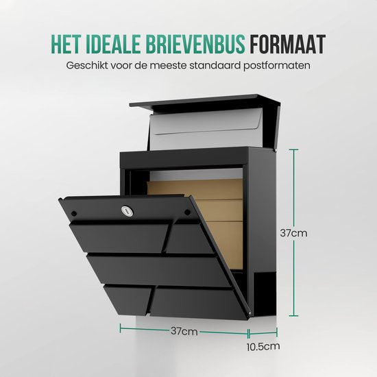 Boîte aux lettres Avalo en acier inoxydable noir avec boîte à journaux et serrure - avec matériel de montage et 2 clés