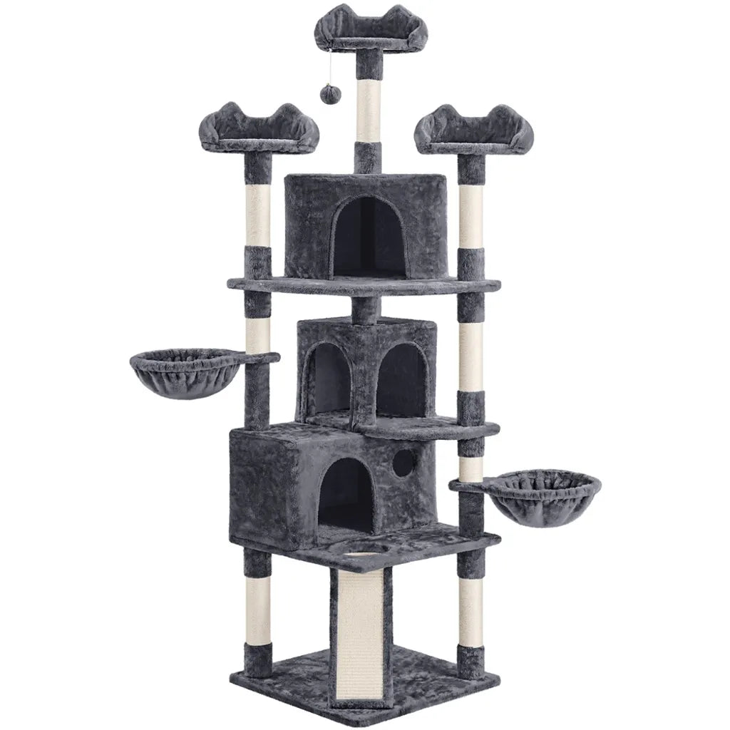 Arbre à chat Yaheetech XXL - 194 cm - Tiges en sisal - 2 maisonnettes/2 paniers - Gris foncé