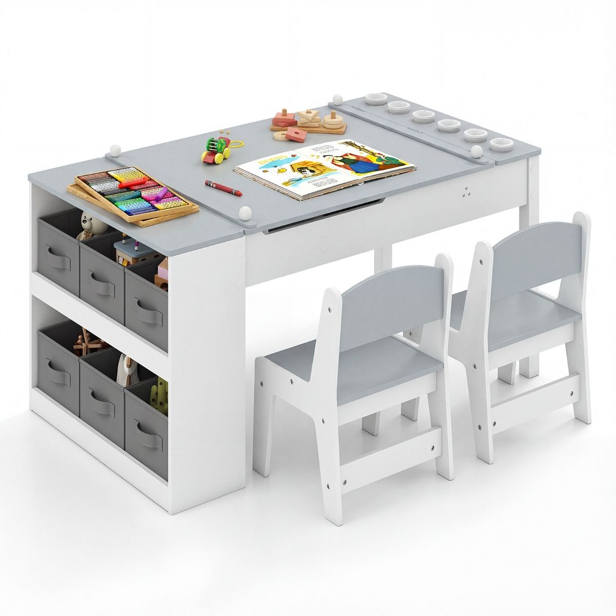 Ensemble table et chaises pour enfants Coast - Table à dessin 2-en-1 avec espace de rangement et rouleau de papier - gris