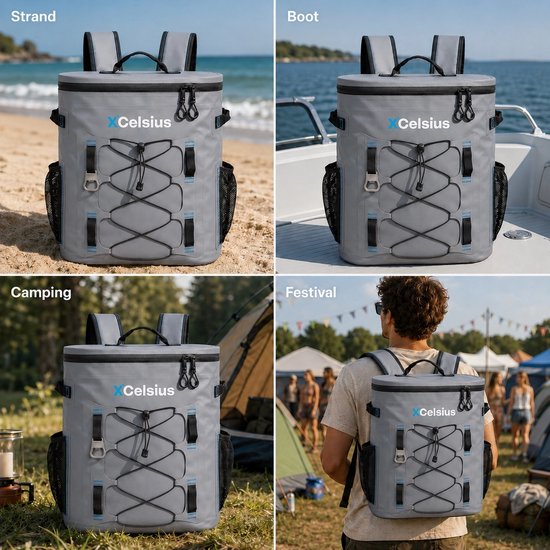 Sac à dos isotherme XCelsius® 20 litres – Sac à dos isotherme avec 2 blocs réfrigérants et un décapsuleur – Au moins 24 heures de fraîcheur – 100 % étanche – Sac à dos isotherme pour la plage, les festivals, le bateau et le camping – Gris