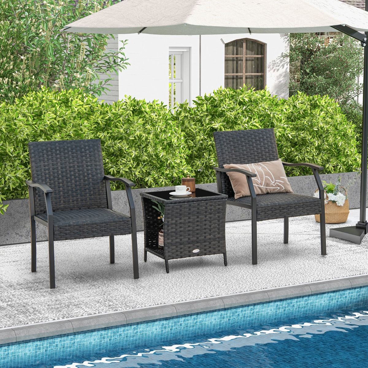 Coast 3-Piece Wicker Patio Set - 2 Chaises tapissées 66x59x87 cm + Table basse 46x46x49 cm - Mélange brun, verre trempé & rotin PE